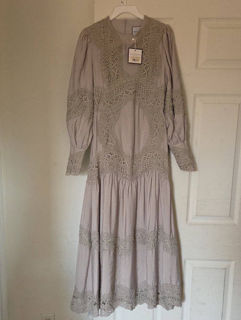 Ellie Makir Crochet Trim Long Sleeve Maxi Dress - Taupe